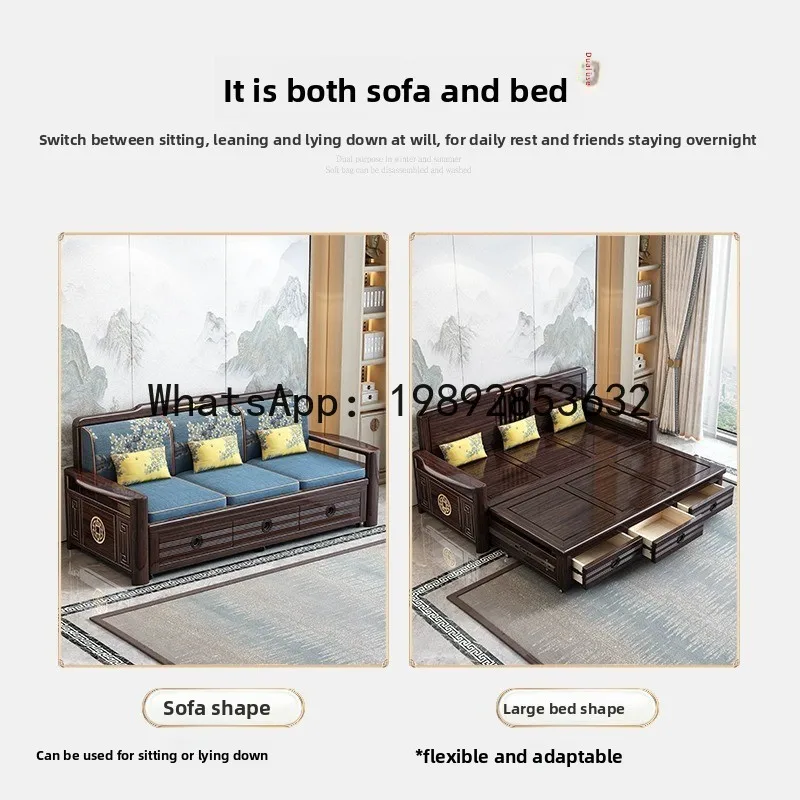 CZ New Chinese Style Solid Wood Sofa with Extendable Storage Drawers, Living Room Extendable Multifunctional Dual-use Sofa Bed