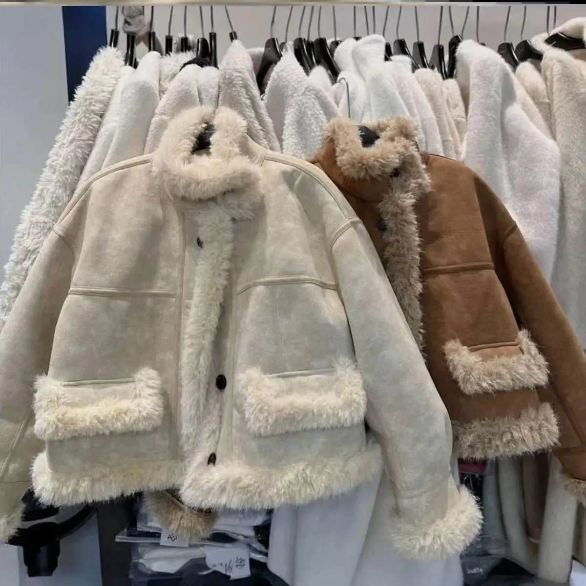 양털 테이니드 윈터 자켓 2025 신상 모터사이클 슬레 이너 페이스 따뜻한 울 싱글 피스 루즈핏 롱 슬리브