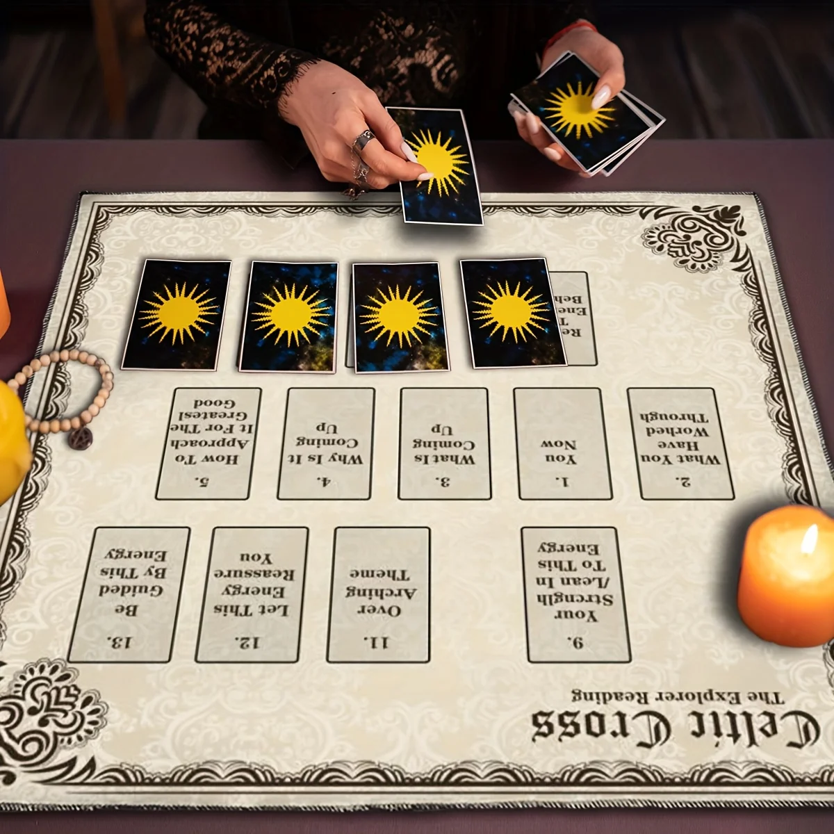 Nappe d'autel en tissu beige avec bordure tressée noire, motif croix celtique VIKAMA, pour la divination et la décoration spirituelle de la maison