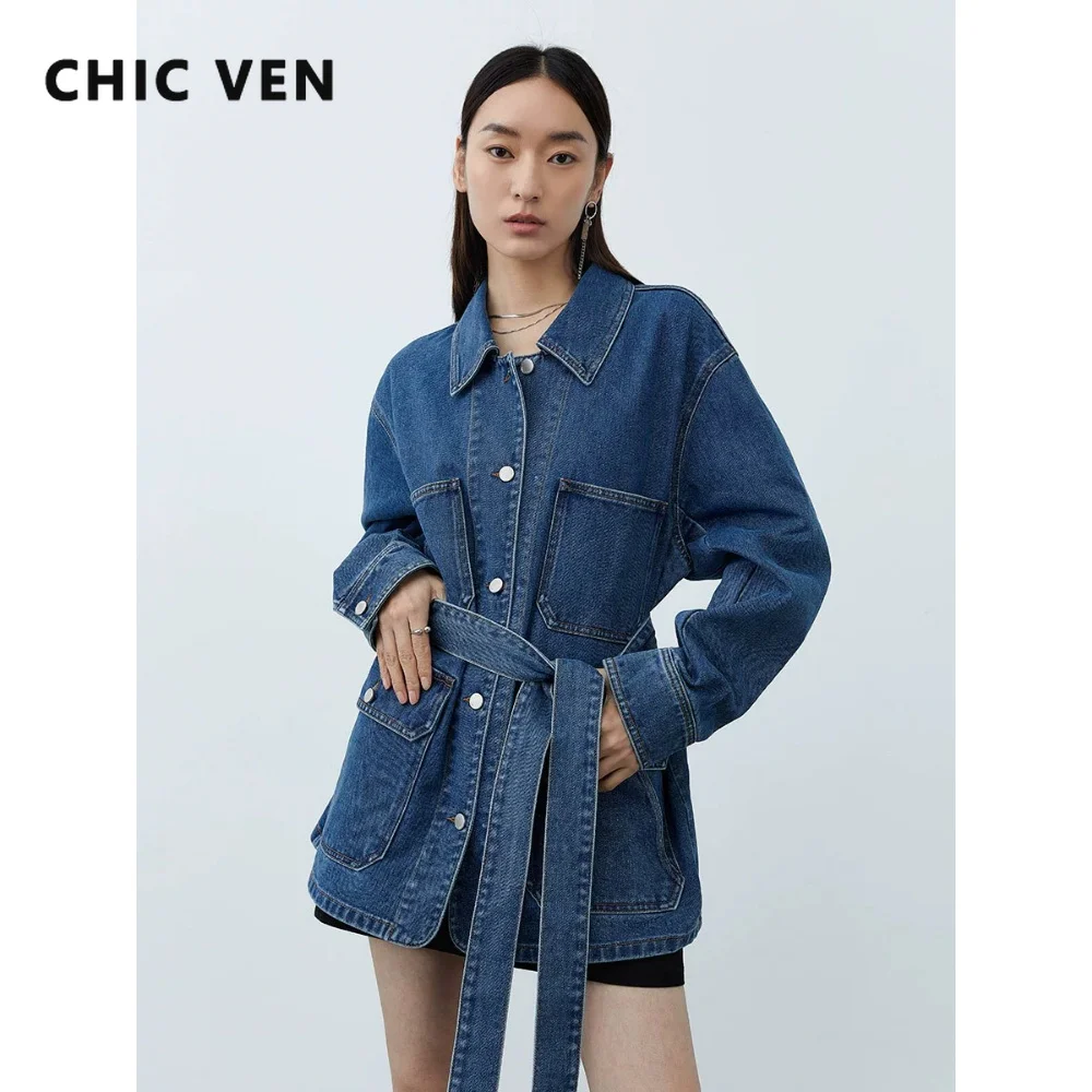 CHIC VEN Modische Damen-Jeansjacke Blau Neu Locker Lässig mit Taillengürtel Mittellange Jeansjacke Damen-Oberteil Frühling Herbst 2026