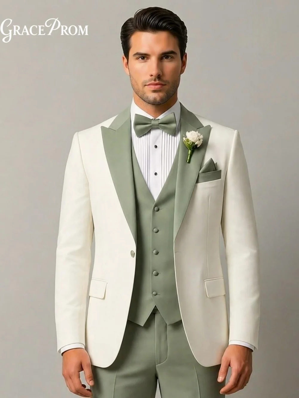 Classic White Sage Green Contrast Men Tuxedo Suit 3PCS Customized 2027 Elegant Wedding Groom Blazer Vest Pants Formal Outfit