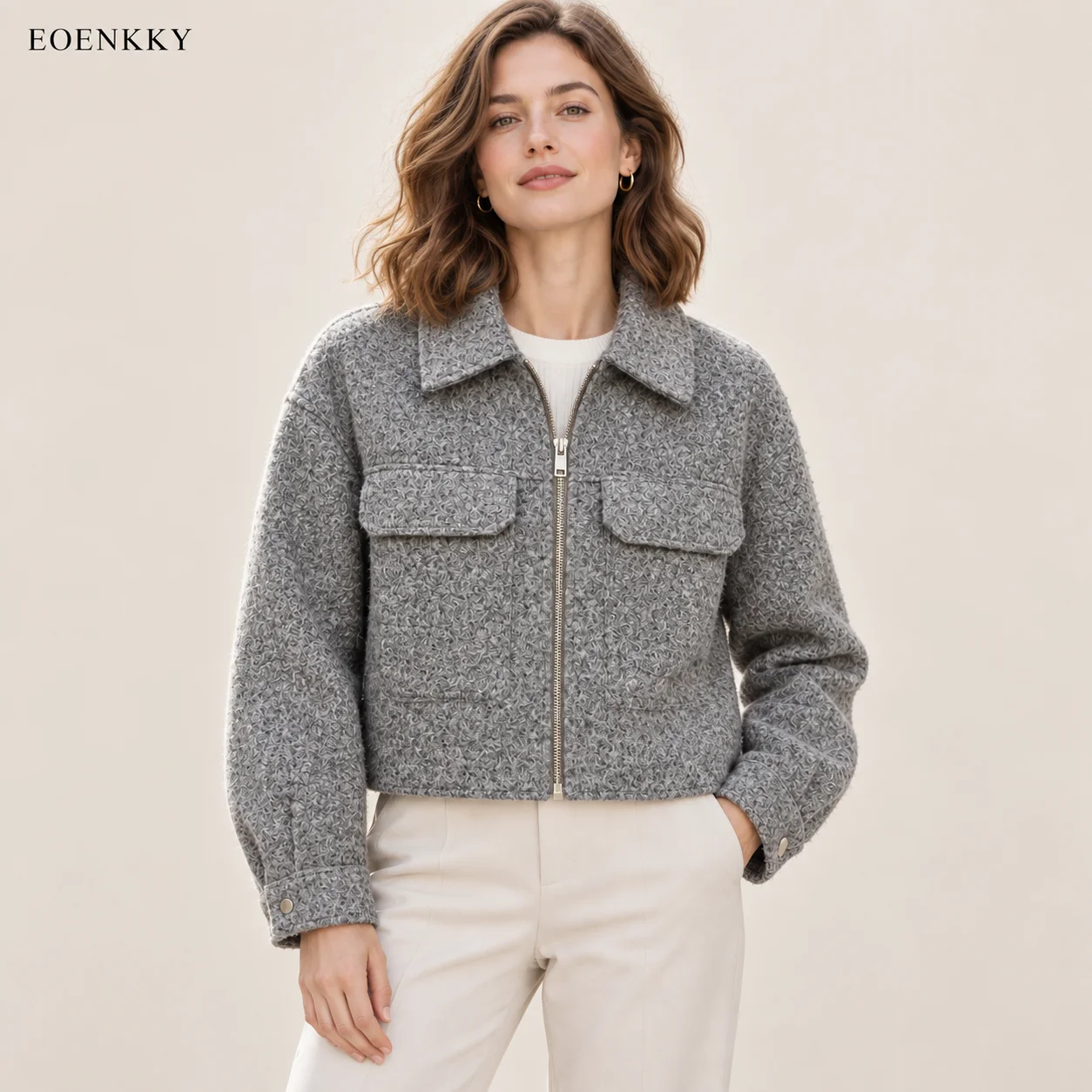 EOENKKY Women Textured Jacket Casual Zip Up Short Coat Turn Down Collar Long Sleeve Fleece Outerwear Autumn Winter Fashion