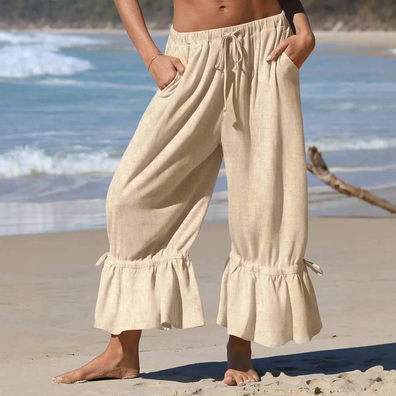 2026 Casual Pants Wide Leg Pants Women Casual Elastic Waist Drawstring Ruffle Hem Trousers Summer Loose Fit Solid Cropped Pants