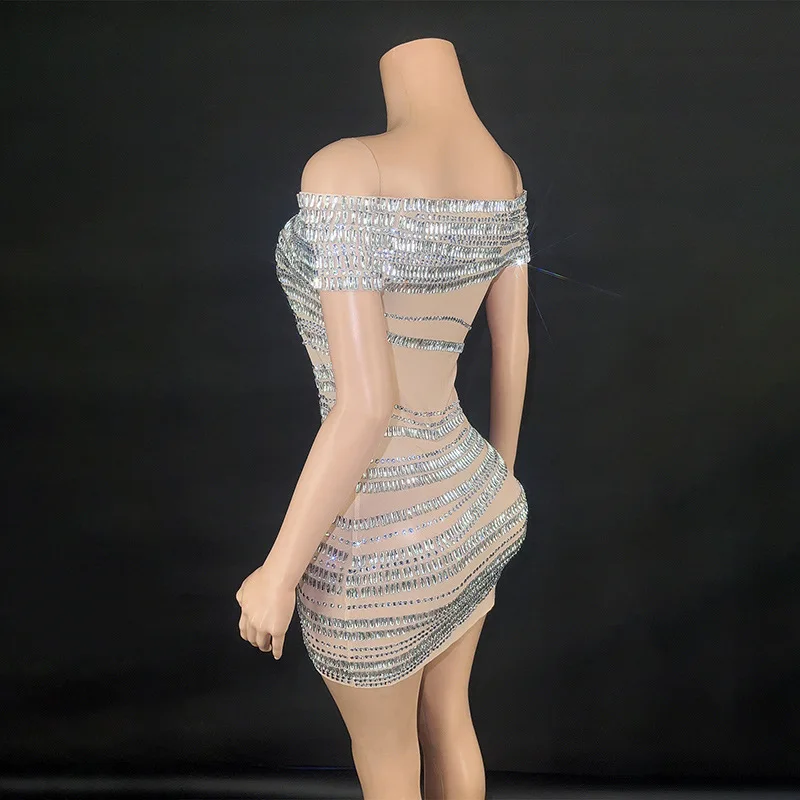 One-word Shoulder Design Full Diamond Slim Dress Nightclub Dancing Singer Performance Suit Catwalk Banquet Party Dress 홀터넥 웨딩드레스