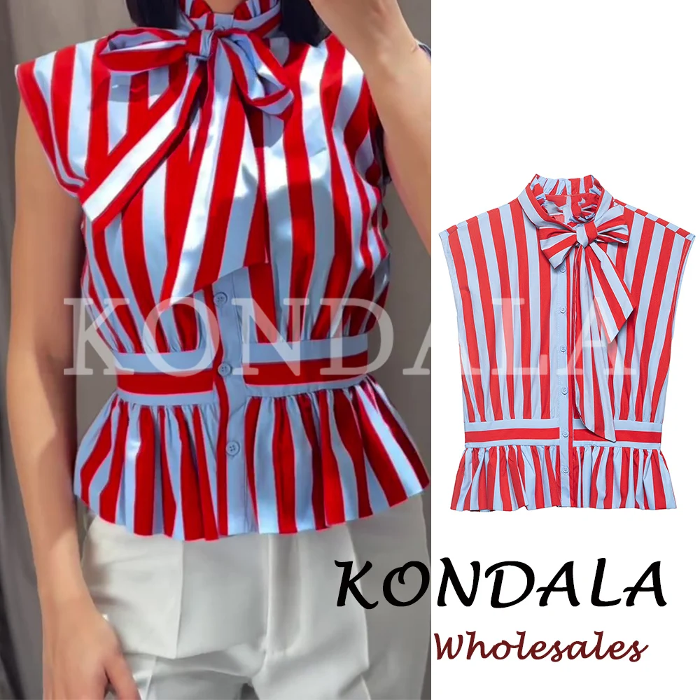 KONDALA Chic Striped Y2K Women Blouse Summer Streetwear Straight Vest Casual Fashion 2026 High Street Bow Female Elegant Shirt