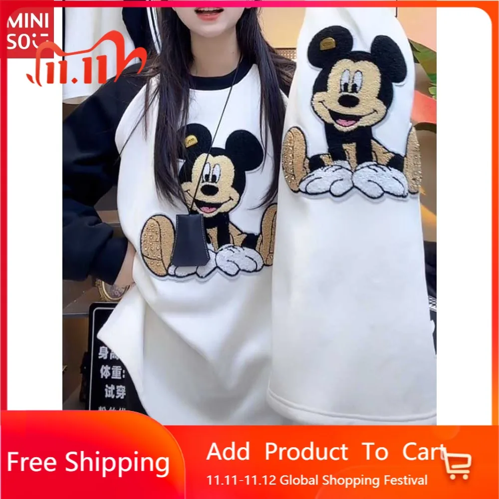 

Large Double-sided German Velvet Mickey Embroidered Long-sleeved Top for Women's Autumn Winter Loose and Thin Bottoming Shirt