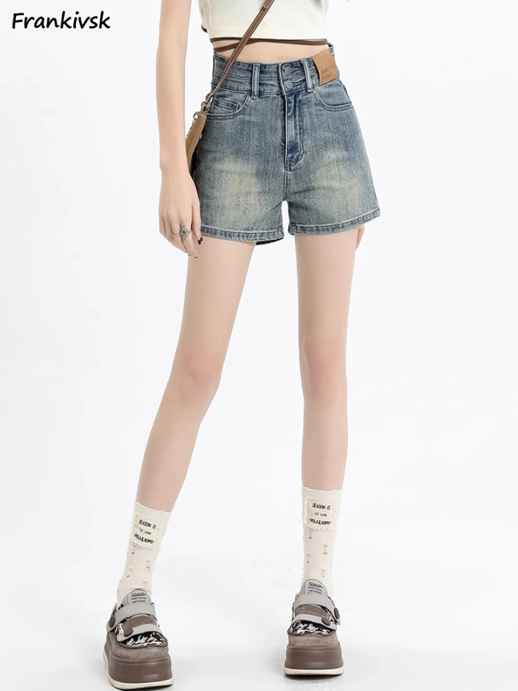 

Shorts Women Denim Summer High Waisted Button Leisure Female Slim Trousers Y2k Fashion Solid Simple All-match Distressed Chic