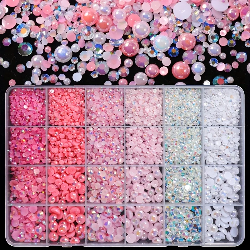Pink & White 5000pcs AB Resin Rhinestone & Half Round Pearl Set - Non-Hotfix Gems for DIY Crafts, Jewelry, Clothing Embellishmen
