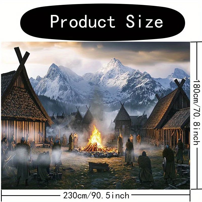 Highly detailed Medieval Village Campfire Tapestry Wall Hanging Decor Fantasy Art Print Rustic Gothic Viking Scene for Bedroom a