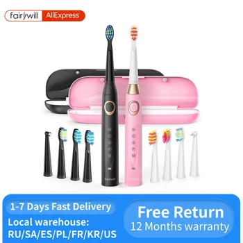 Fairywill-성인용 음파 전동 칫솔, 어린이 5 가지 모드 스마트 타이머 충전식 미백 칫솔 10 개 브러시 헤드 포함 