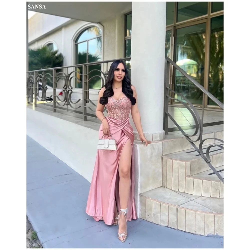 Sansa Dubai Pink Appliques Mermaid Prom Dresses Side Split Customized فساتين سهرة Long Train Cocktail Party robes de soirée