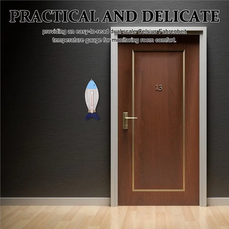 B23B Fish-Shaped Nautical-Style Wooden Wall Thermometer Indoor/Outdoor For Home Decoration