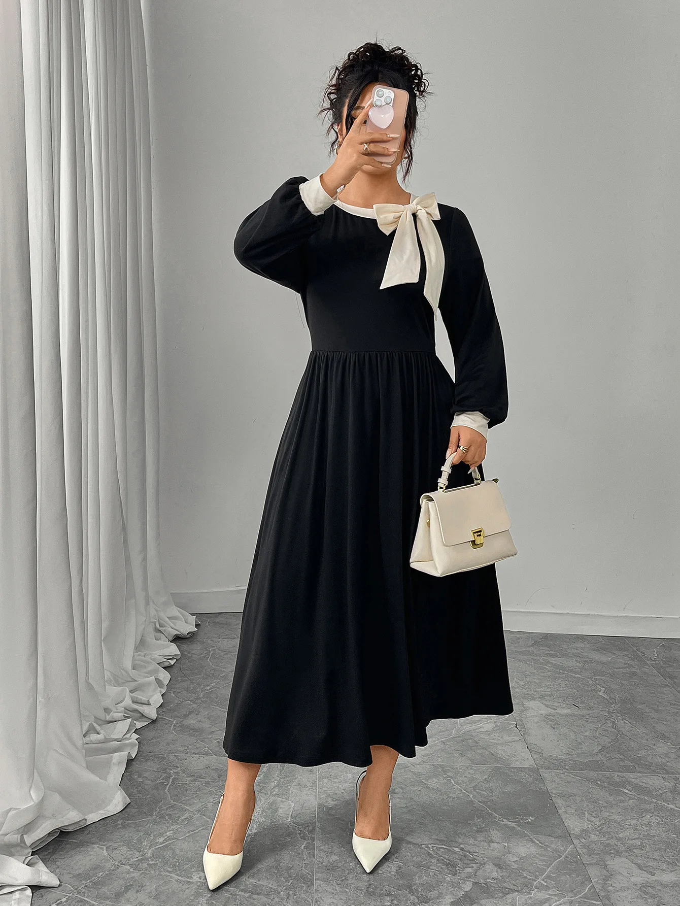 

Plus Size Hepburn Style Round Neck Bowknot Maxi Dress Women's Autumn Winter Retro Belly Covering Slimming Long Sleeve Gown