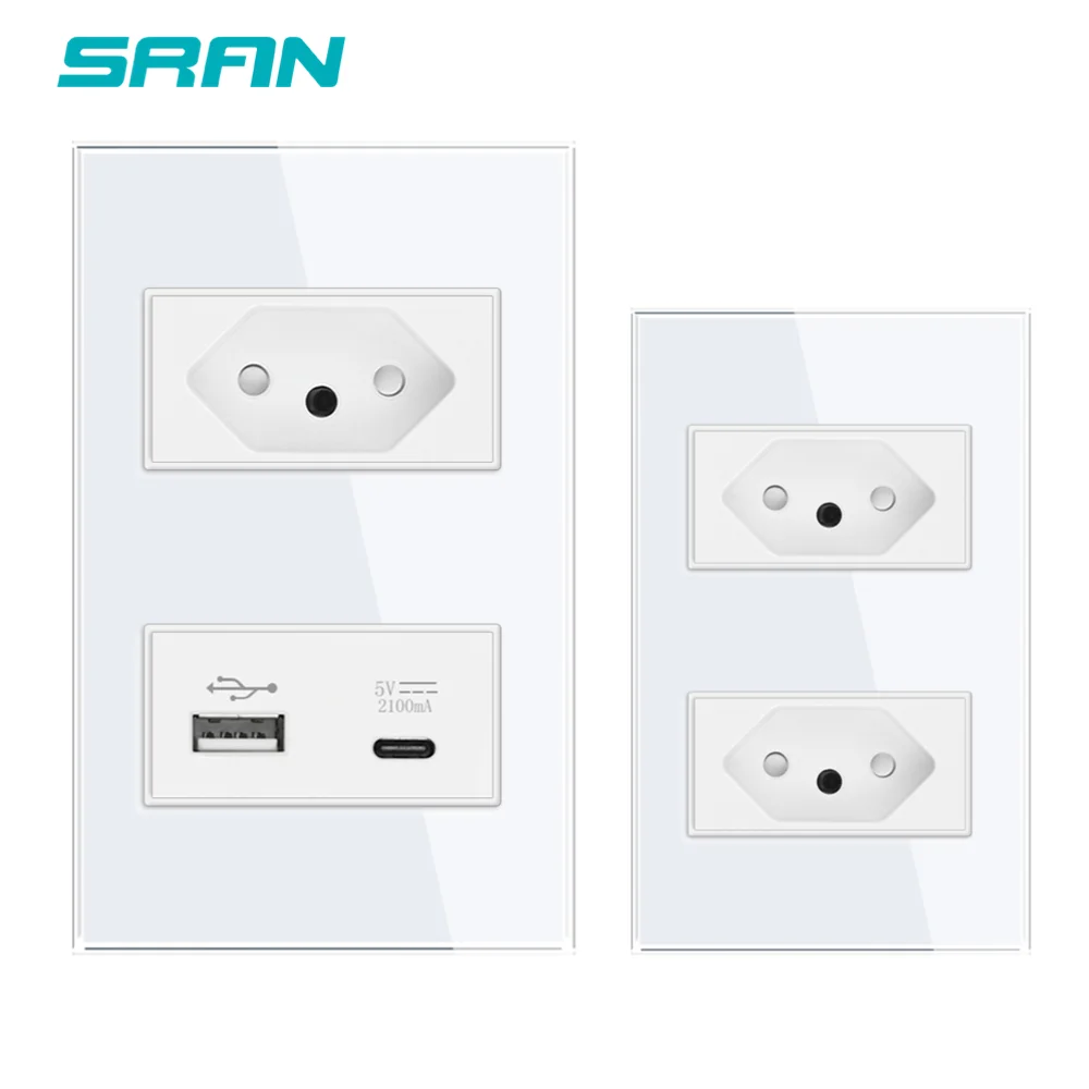 Brazil 10a 20a Socket 2 Pins hole AC 118mm*72mm Tempered Glass socket with USB and Type-C, BR Usb wall outlet