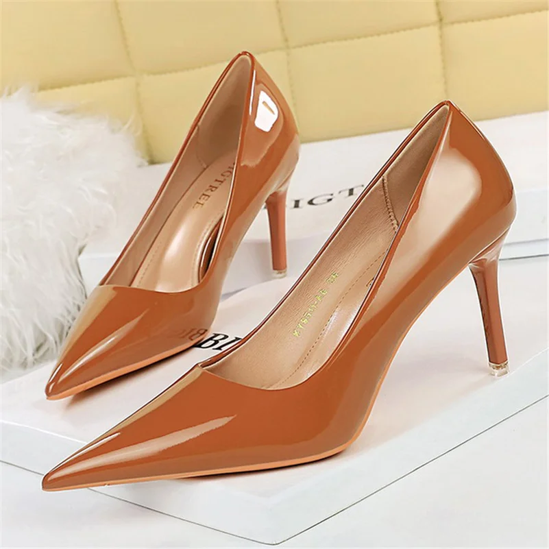 Women 7.5cm 10.5cm High Heels Wedding Bridal Pumps Lady Scarpins Metallic Leather Stiletto Middle Low Heels Nude Office Shoes