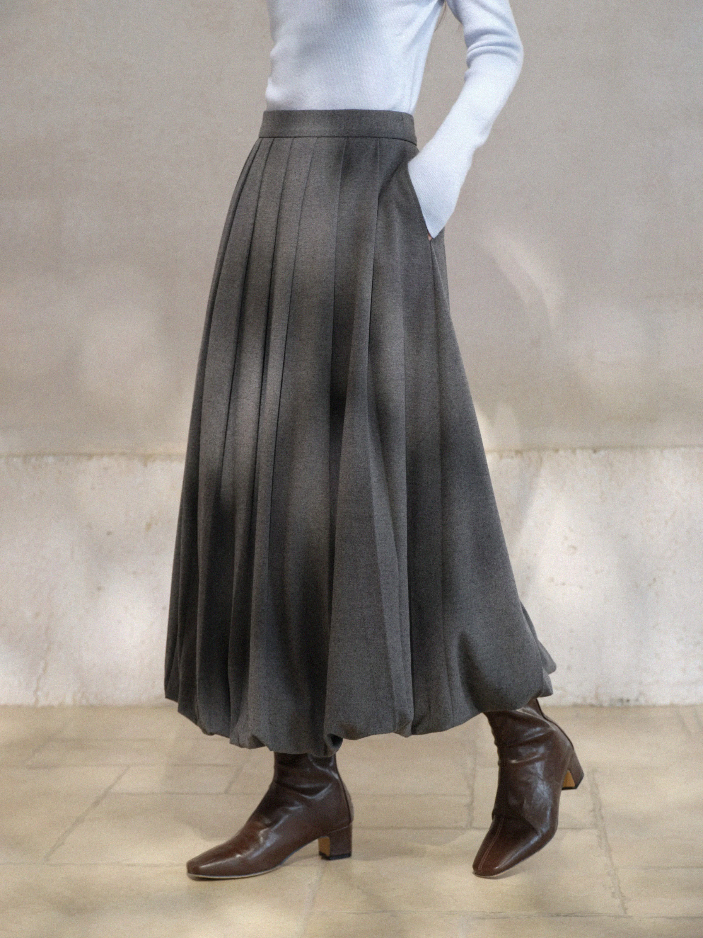 Eleganter Faltenrock mit hoher Taille, wollähnlicher Midi-A-Linien-Rock, Vintage-grauer, fließender Rock mit Puffsaum für Damen, lässiges, süßes Outfit