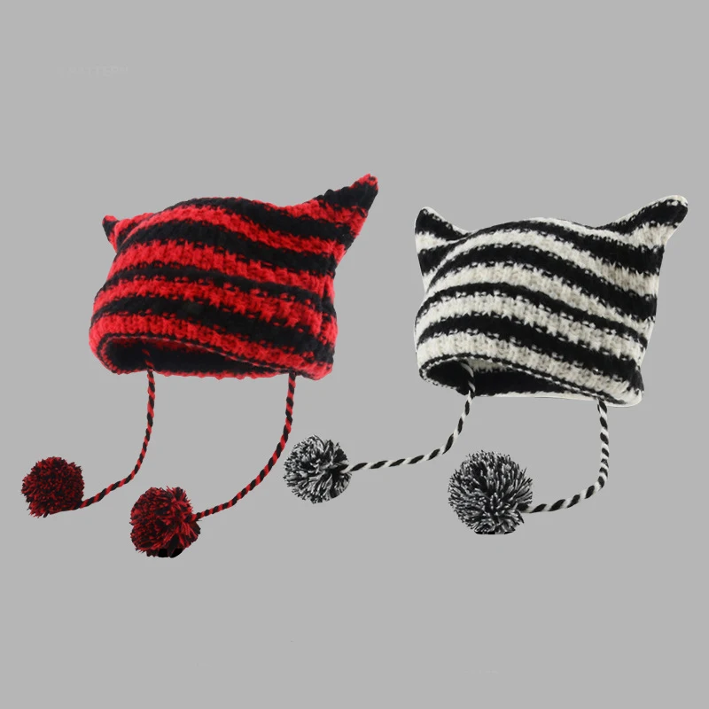 

Cute Striped Cat Ears Wool Hat Women Autumn Winter Warm Hanging Ball Knitted Beanie Hat