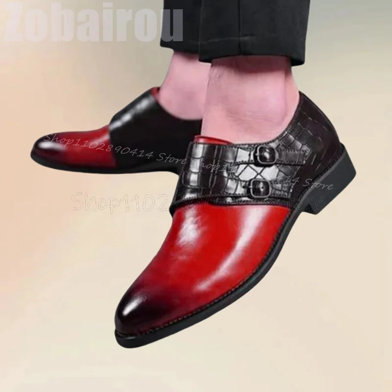 Mocassins de fivela com estampa de jacaré masculino, sapatos deslizantes, vermelho, preto, cor gradiente, feito à mão, festa, vestido de banquete, moda masculina, luxo