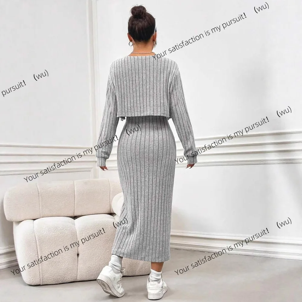 ヨーロッパ、アメリカの秋冬向けニットツーピースセット、スプリットエンドの長袖サスペンダードレスセット