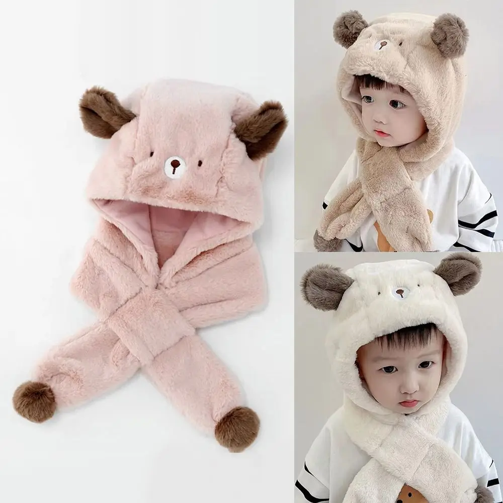 

Fashion Cartoon Bear Ears Scarf Hoodie Cap Plush Thicken Baby Hat Scarf Windproof Beanies Kids Plush Hats Boys Girls