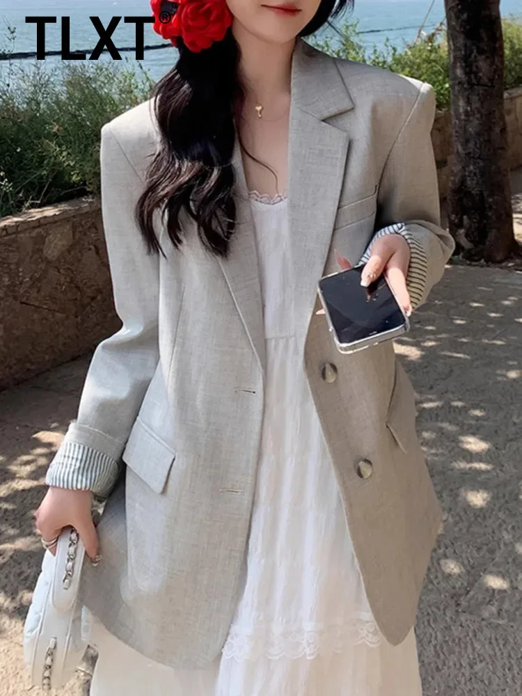 

TLXT Elegant Women's Light Gray Blazer Notched Lapel Two Button Closure Stylish Office Casual Jacket 2025 Autumn New XK1623
