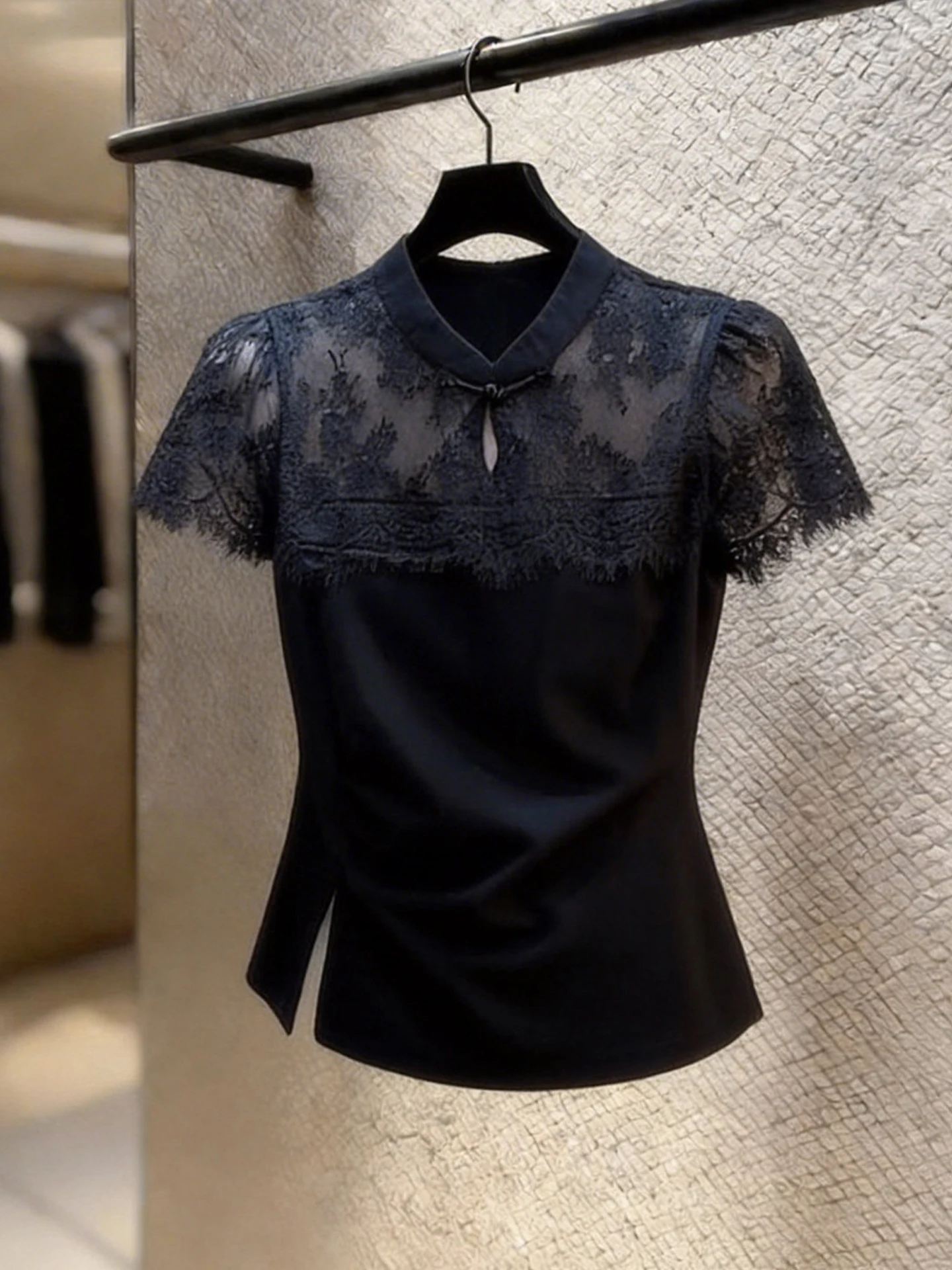 

Elegant Pure Color Stand Collar Short Sleeve Lace Top Chinese Retro Style Summer Versatile Fashionable Women's Premium Qualit...