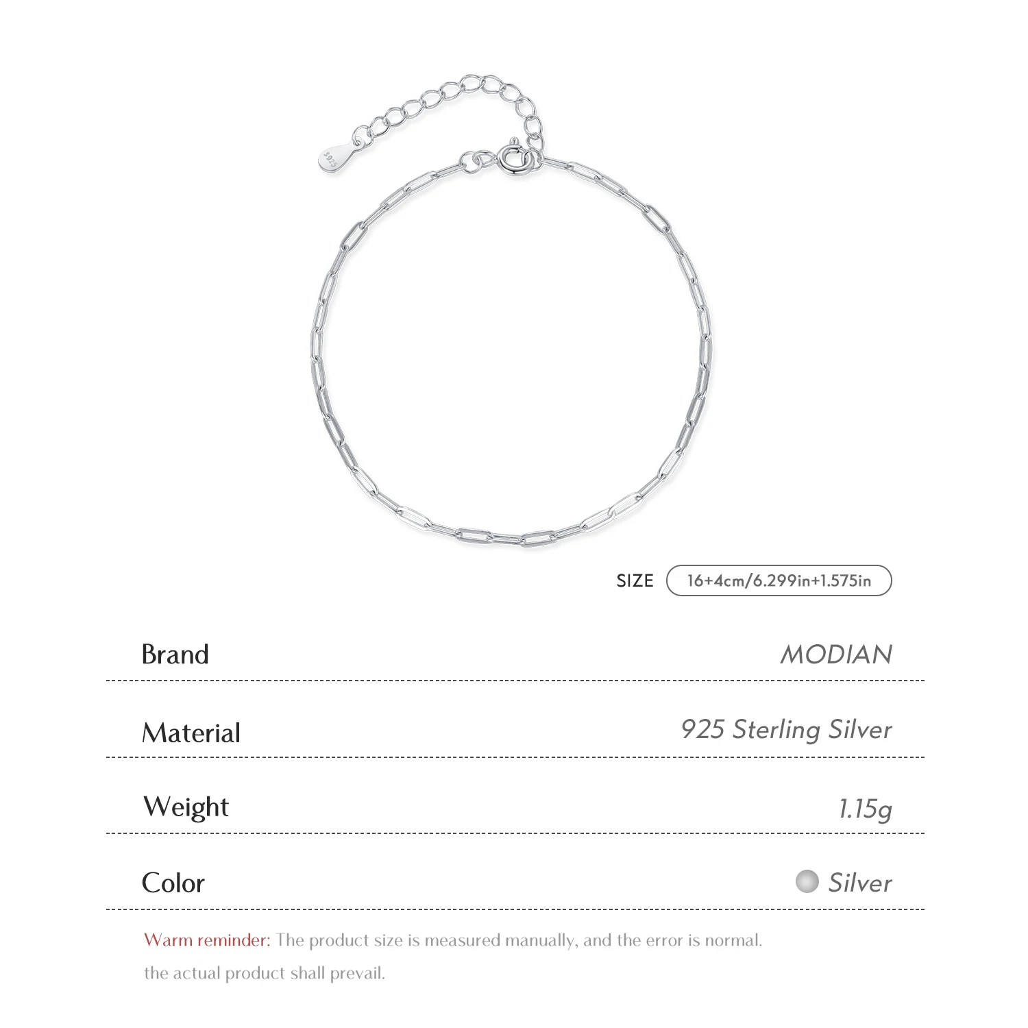 MODIAN Solid 925 Sterling Silver Rectangle Chain Bracelets for Women White Gold Plated Handmade Basic Bracelets Jewelry Gifts
