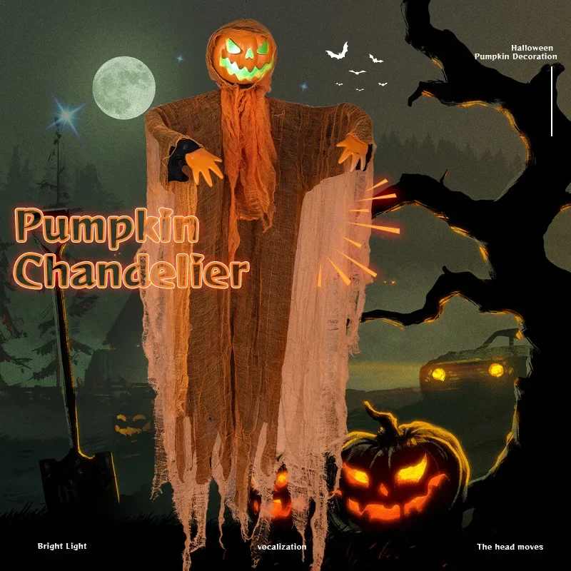 Halloween Pumpkin Party Decoration Hanging Green Light Turning Head Pumpkin Glowing and Sounding Decoration Props Courtyard Hot