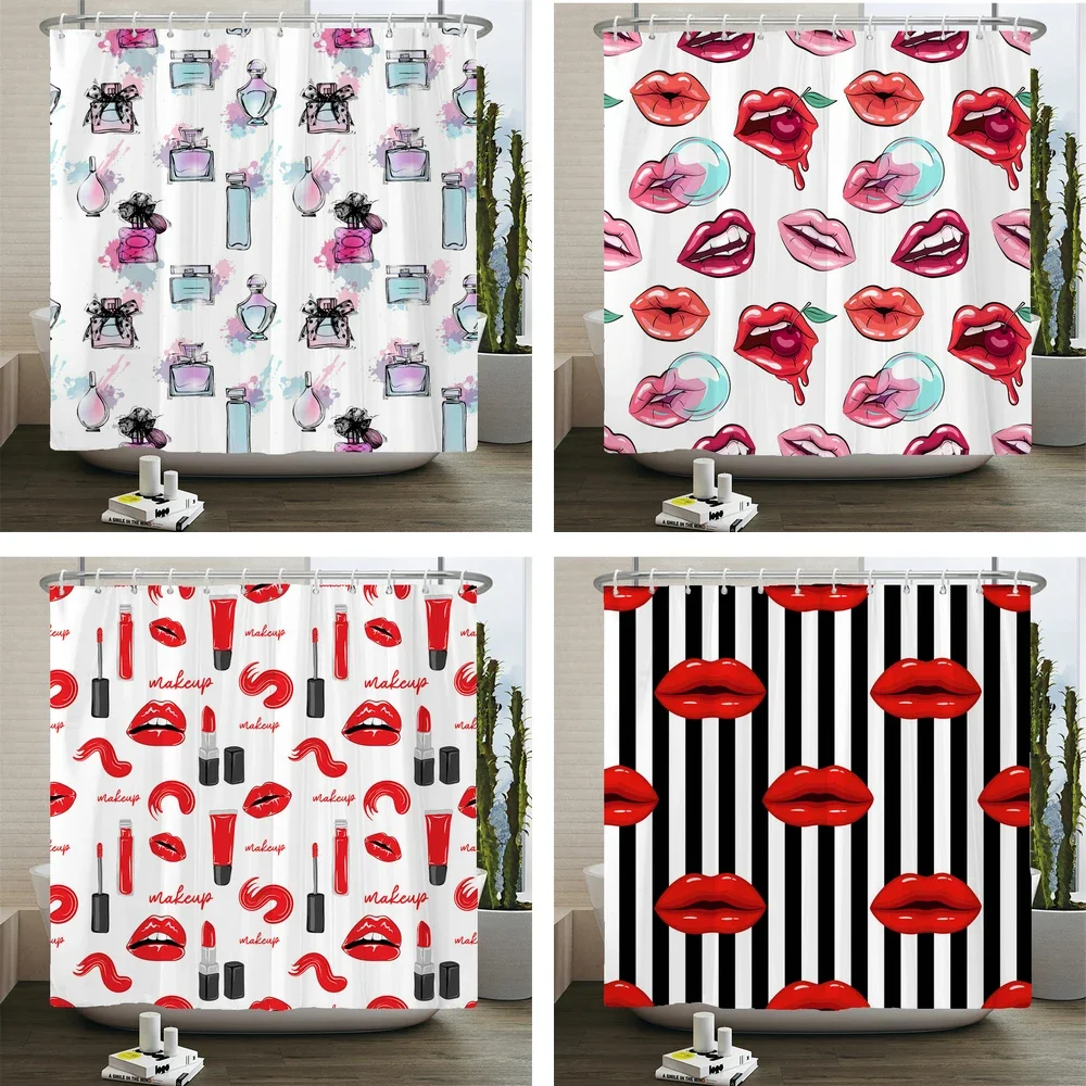 

Love Heart Shower Curtain Romantic Red Pink Sexy Lips Waterproof Print Heart Pattern Bathroom Bathtud Decor Fabric with Hooks