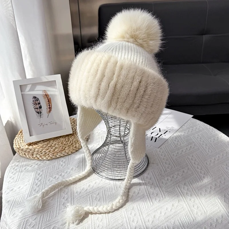 Fashion Knitted Ladies Wool Blends Cap Winter Women's Earflap Warm Natural Mink Fur Hats Elastic Luxury Female Fur Hat