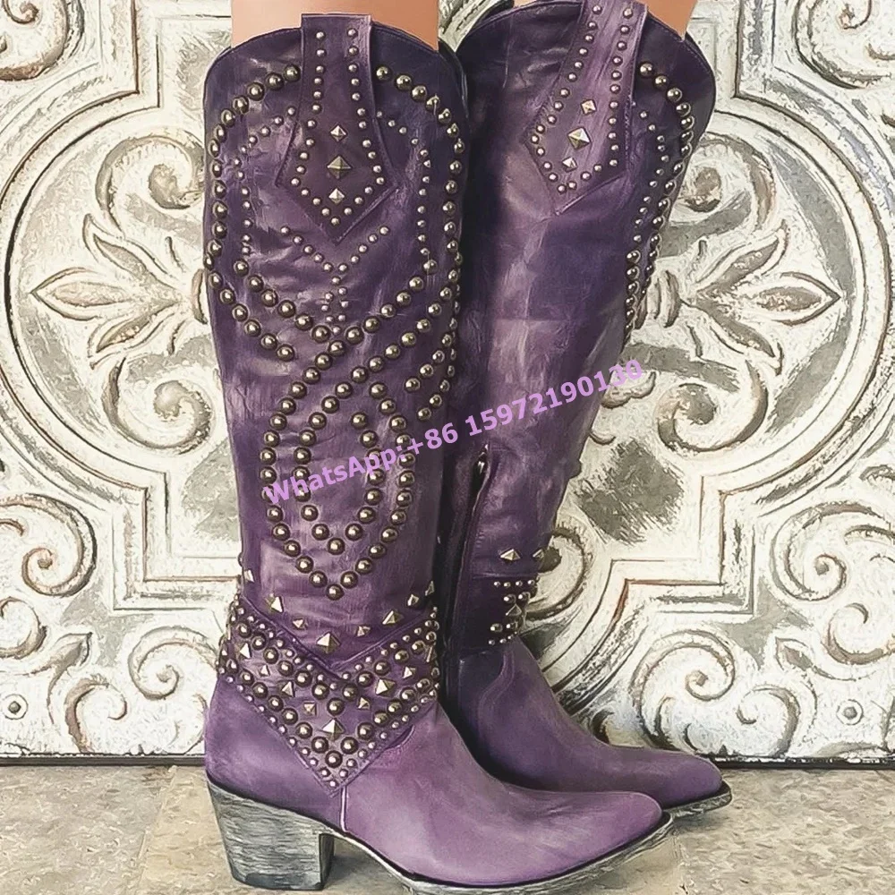 Rivet Knight Boots Square Toe Chunky Heels Side Zipper Knee High Boots Retro Cowgirls West Style Hotties Distress Boots 2025