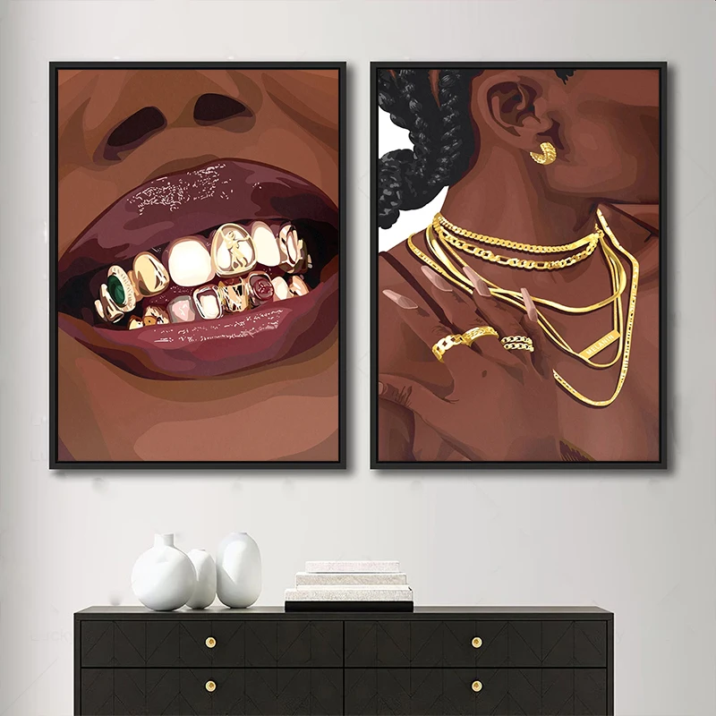 الحديثة الأفريقية السوداء الإناث صورة مسمار الشفاه الملصقات الشكل الفن قماش اللوحة والمطبوعات صور فنية للجدران ديكور غرفة المنزل #2