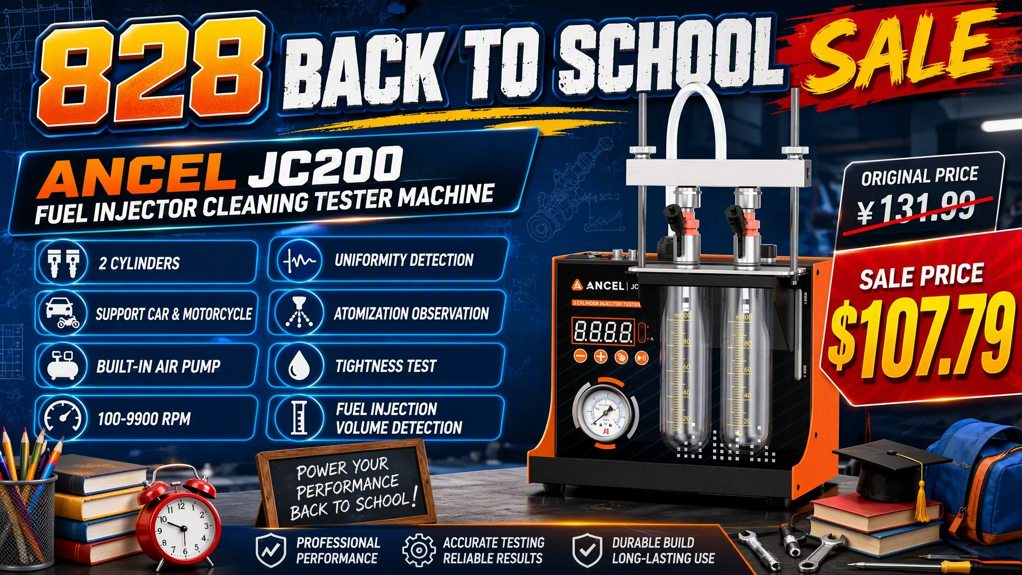 ANCEL JC200 Fuel Injector Cleaning Tester Machine for Car Motorcycle 2-Cylinders Pressure Adjustment Built-in Air Pump 6V 12V