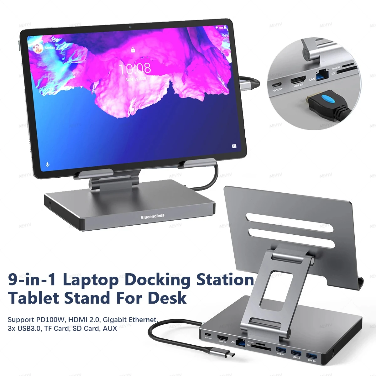 

Type C Docking Station 9 In 1 Laptop Tablet Stand for MacBook Pro/Air/Dell/HP/Surface/Lenovo Hub with 4K HDMI, 3 USB 3.0, PD 3.0