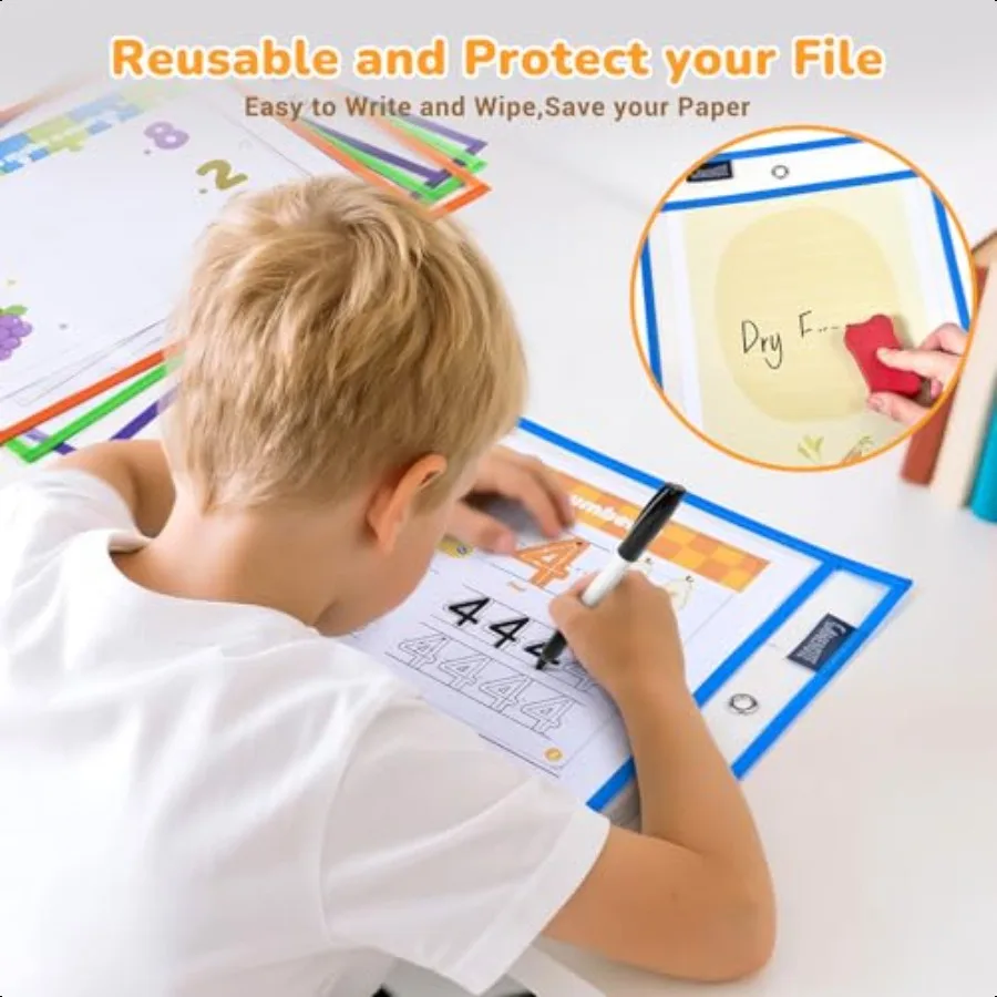 30 عبوة من جيوب المسح الجاف مع 5 حلقات و10 ألوان متنوعة 10 × 14 أكمام بلاستيكية كبيرة الحجم قابلة لإعادة الاستخدام واقيات الورق الشفافة للتعليم