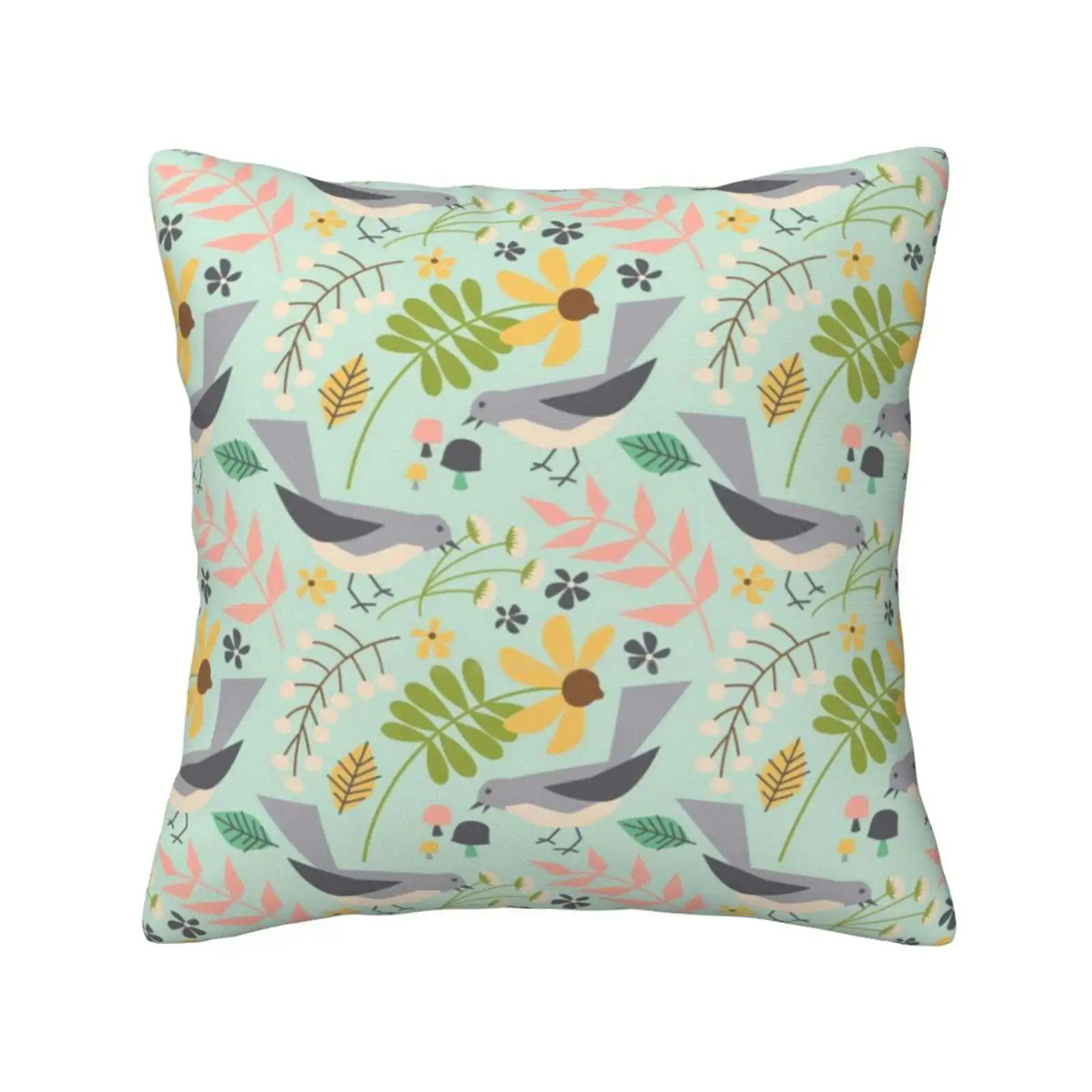 Meadowland Pillow Cover Hug Pillowcase Spring Mushrooms Birds Floral Leaves Berries Flowers Sprigs Summer Meadowland Branches