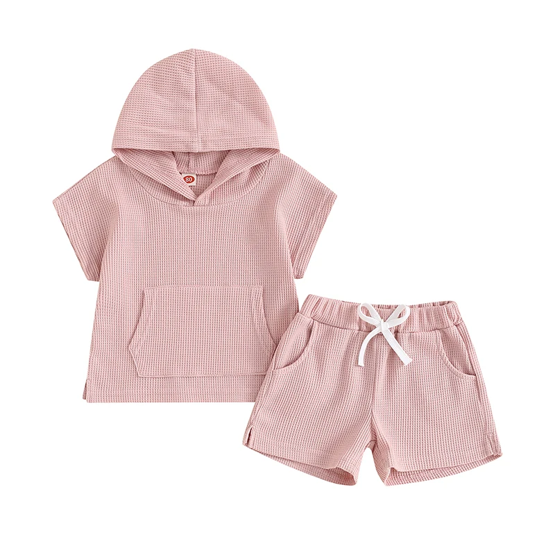 

VISgogo Little Girl Boy Waffle Set Solid Color Front Pocket Hooded Tops Elastic Waist Split Hem Shorts Toddler Summer Outfits