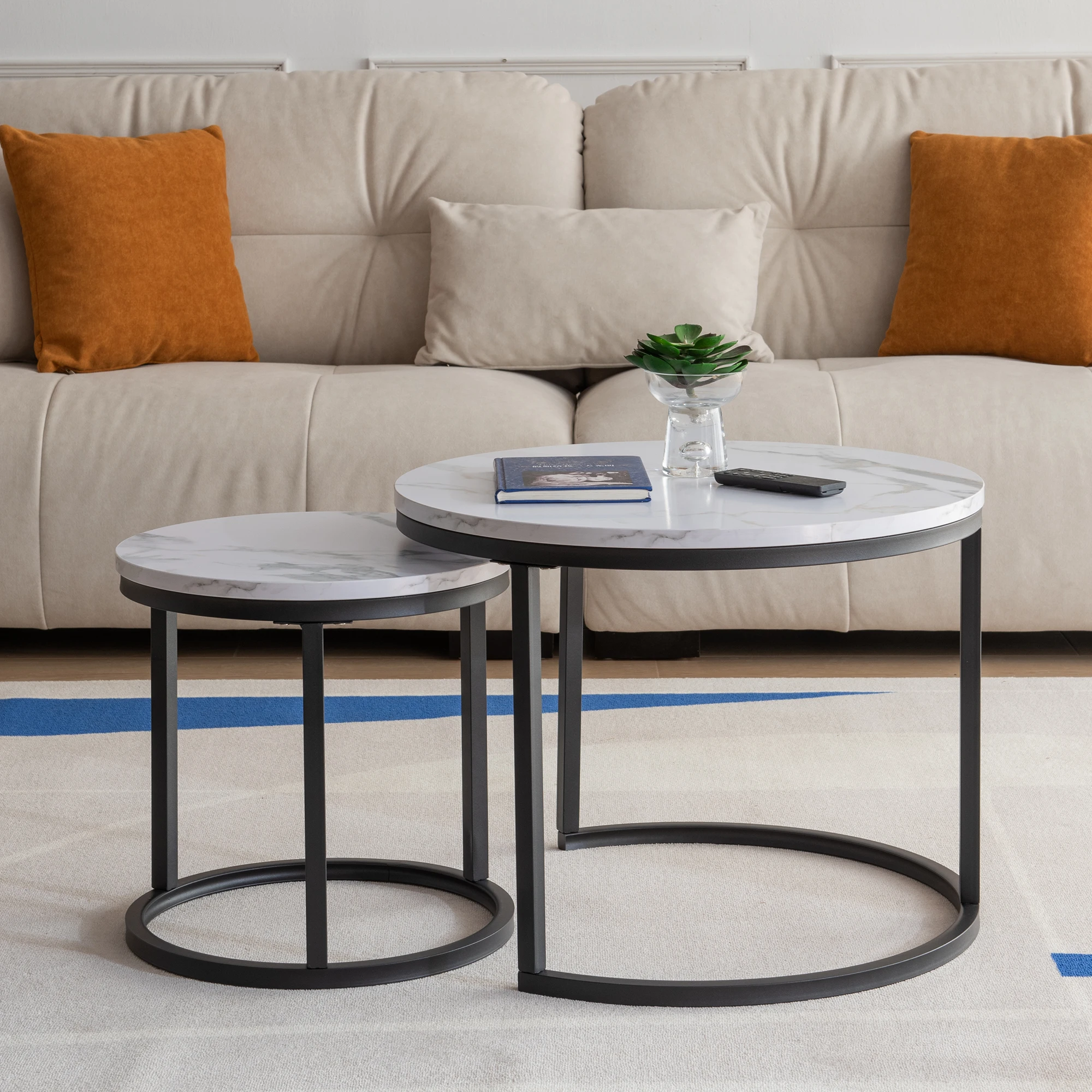 Modern Nesting Coffee Table Round, Golden Color Frame with Wood Top for Small Space and Living Room