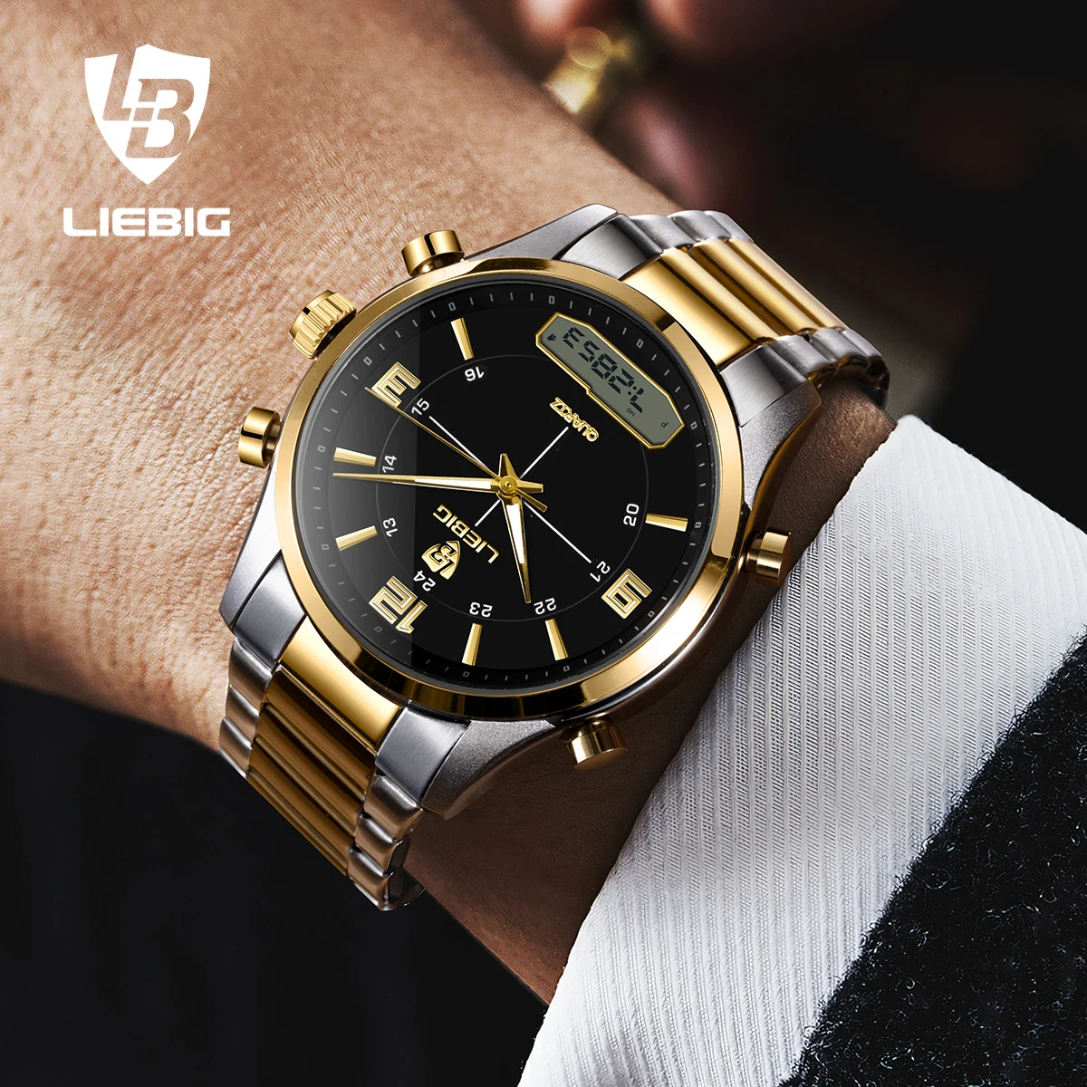 LIEBIG Fashion Casual Watch Men Digital Dual Time Week Gold Back Light Sport 3bar Waterproof Quartz Wristwatches Clock relogio