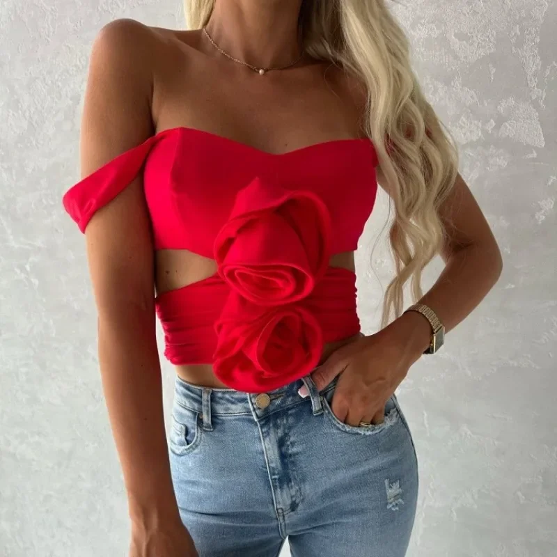 

Women's New Fashion Sleeveless 3D Flower Front Ruched Crop Tops Y2k Fairy Causal Solid Color Summer Tank Tops Streetwear MYQH03