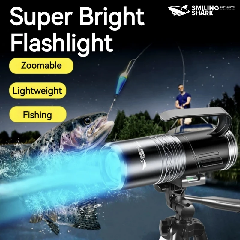 Smiling Shark DY3027 Rechargeable Flashlight, Super Bright XPE Zoomable Torchlight, 3 Light Sources,for Outdoor Fishing, Camping