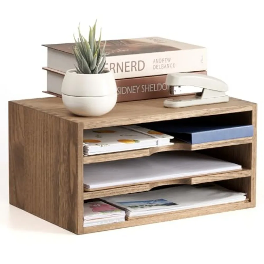 

Wooden Desktop Organizer, 3 Tier Solid Wood Letter Tray and Paper File Sorter for Desk, Freestanding Office Document Holder for