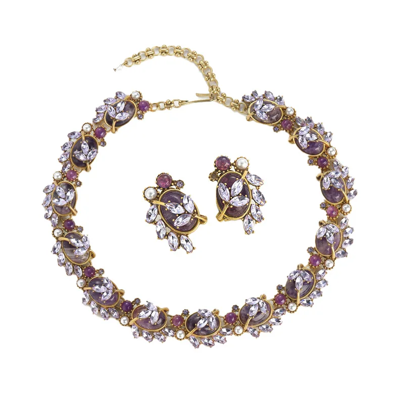 Vintage Violet Three Leaf Flower Purple Jewelry Sets For Women 18k Gold Plated Necklace Earrings Brand Designer Trending 2026