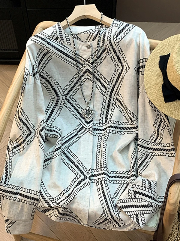 Retro Lose Runde Ne Lange Sve Baumwolle Leinen irt Frauen Herbst 2025, Neue Sle Gedruckt Cord ass Muster Atmungsaktive top