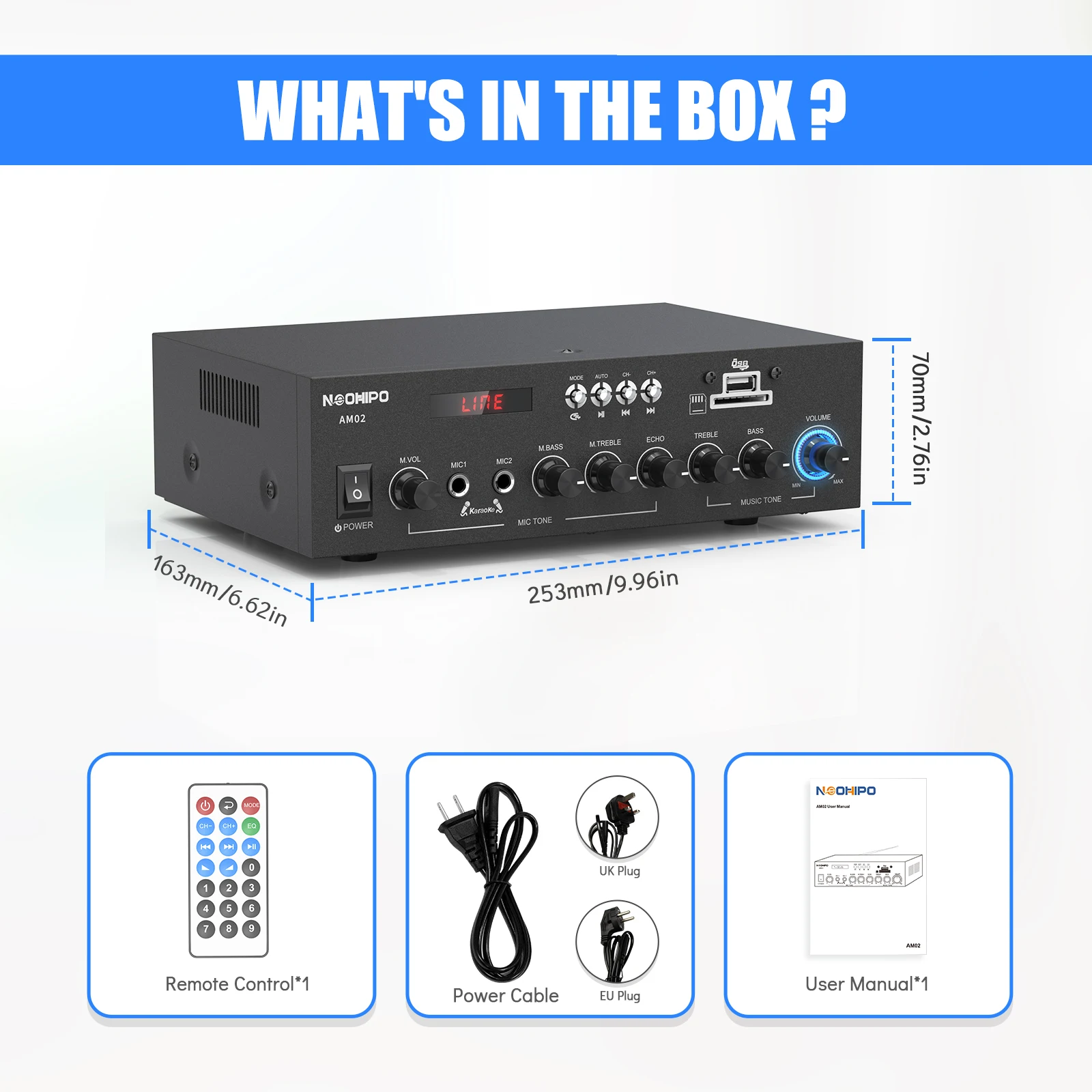 NEOHIPO AM02 300W Bluetooth AV Power Amplifier 2 Channel Audio Home Theater Amplifiers DC 12V 110V/220V Support FM SD USB 2 Mic