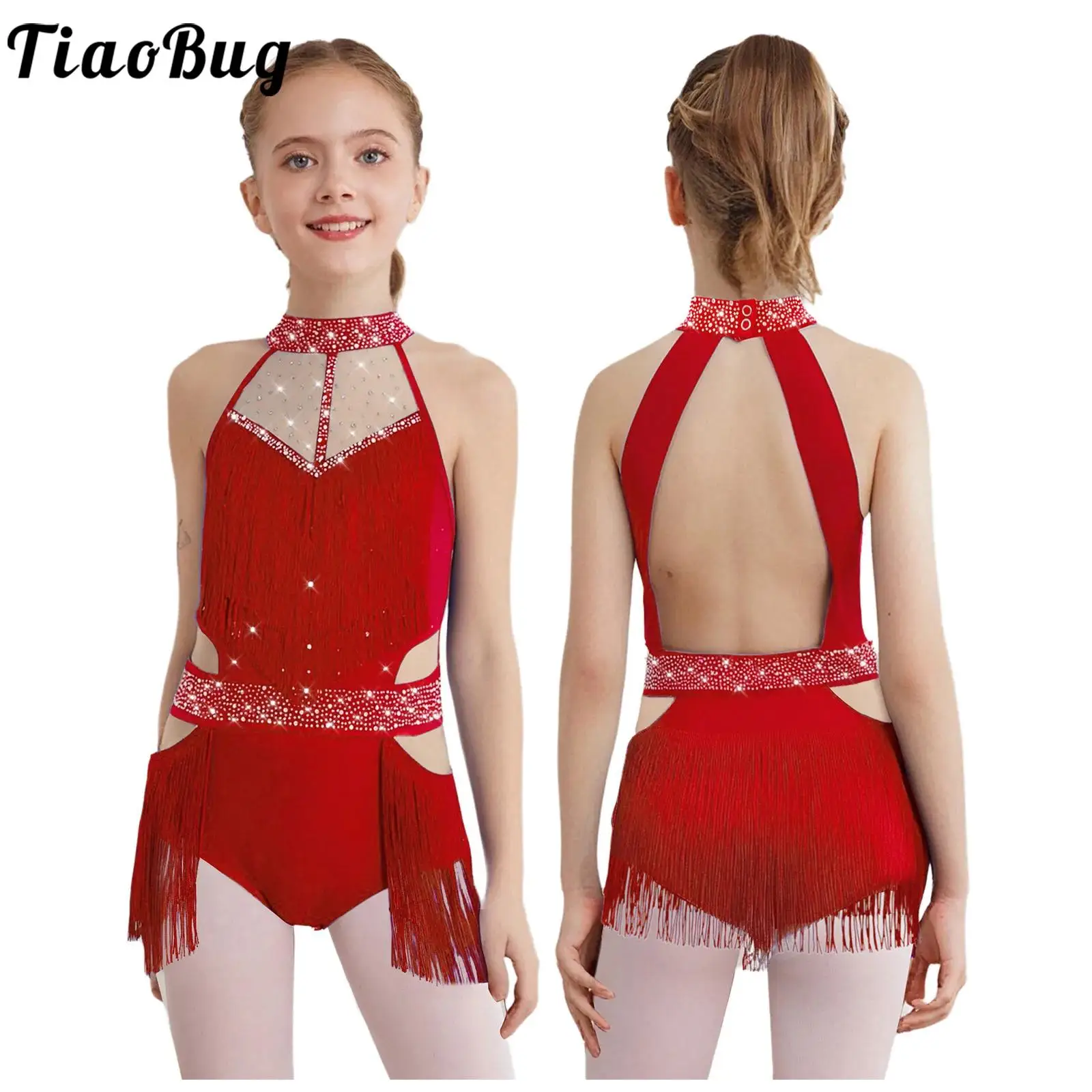 

Kids Girls Tassel Latin Ballet Dance Leotard Shiny Rhinestones Sleeveless Bodysuit Figure Skating Gymnastics Performance Costume