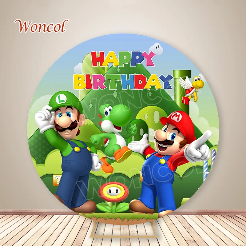 Mario Luigi Round Backdrop Super Mario Birthday Backdrop Toad Piranha Plant Yoshi Cylinder Cover Party Decor Photocall Prop