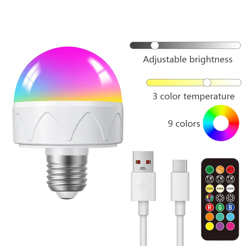 

E27 Головка лампы Светодиодная перезаряжаемая магнитная лампа 3 цветовой температуры + 9 цветов Пульт дистанционного управления синхронизацией подходит для нескольких сценариев