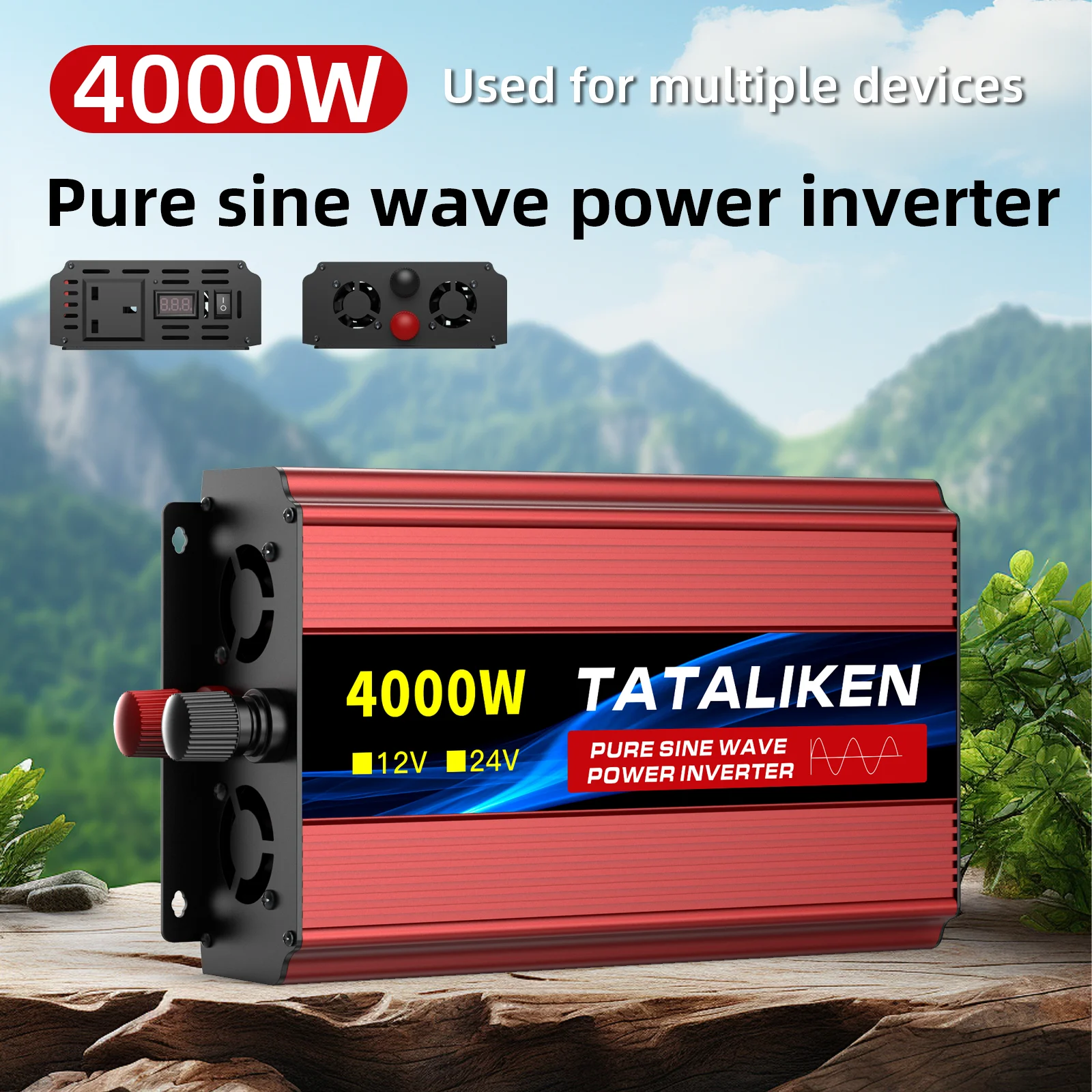 1000W-8000W Pure Sine Wave Inverter 12V-240V Car LCD Dual UK Outlets Temp Control Fan for Vehicles/RV/Truck/Solar