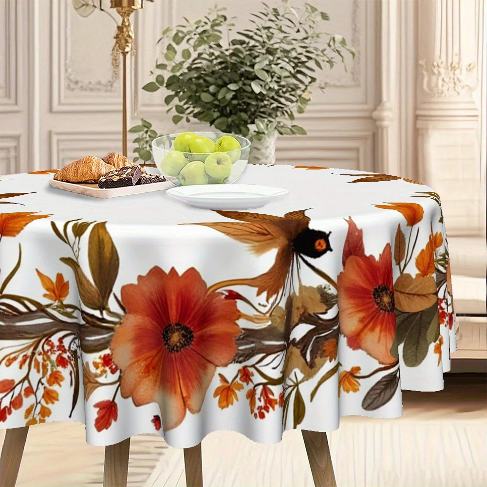 1pc Autumn Flower Garland Tablecloth - Light peach and gray polyester, circular machine-made designzyc